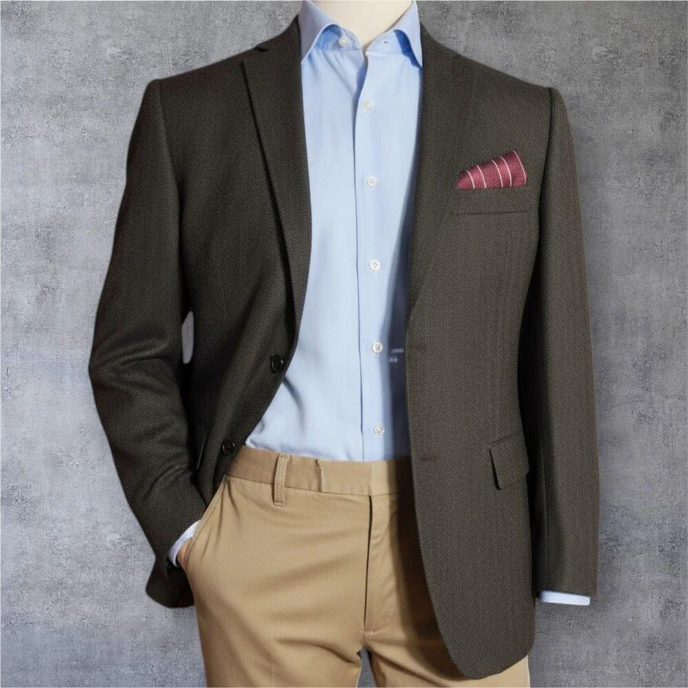 DKNY Mens Blazer Sport Coat Two Button Jacket 40R WOOL Brown Herringbone Suits